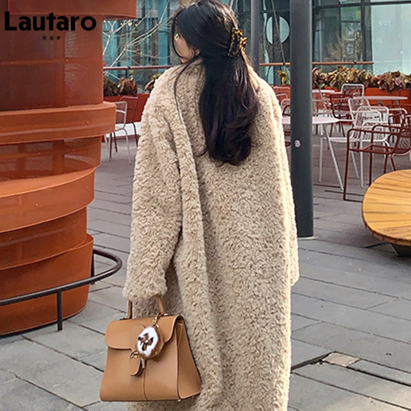 Clacive  Winter Long Oversized Shaggy Fuzzy Warm Thick Fluffy Faux Fur Coat Women Sashes Lapel Stylish Luxury Korean Fashion