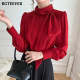 Lace-Up Women Chiffon Shirts  Spring Summer Full Sleeve Loose Female Blouses Solid Ladies Tops