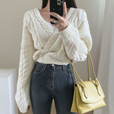 Fall outfits Korean Twisted Knitted Sweater Cardigans Women V-Neck Long Sleeve Elegant Vintage Jumpers One Button Office Lady Gray M521