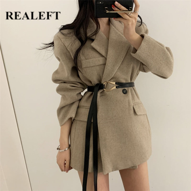 Clacive  New  Autumn Winter Women's Woolen Blazer With Belted Long Sleeve Double Buttons Turn Down Collar Coat Jackets Female