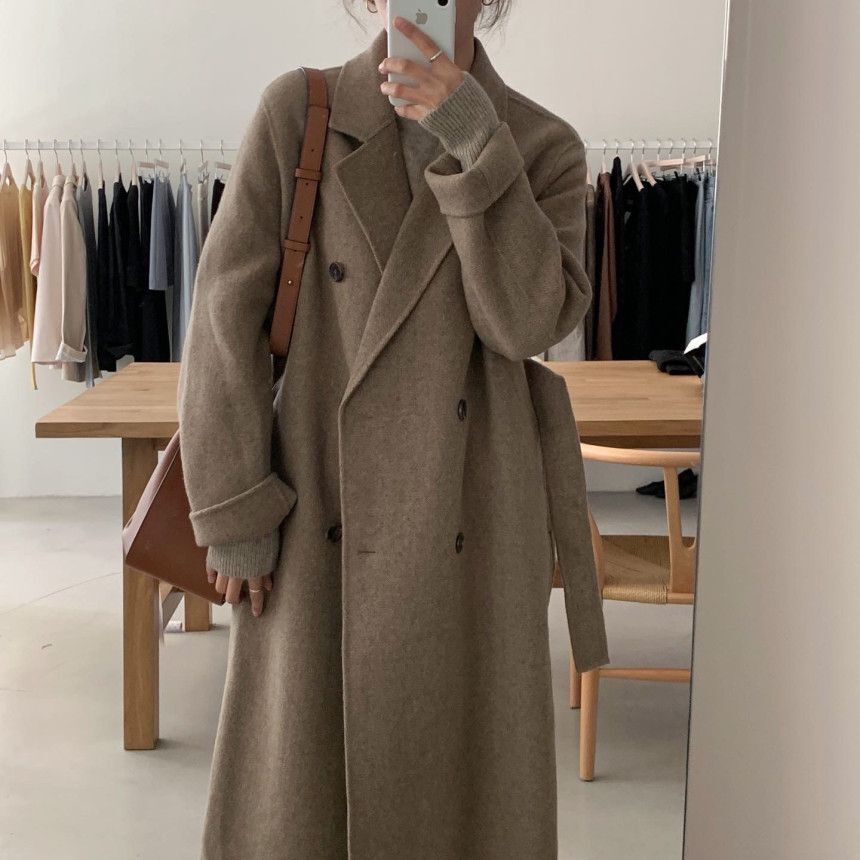 Clacive Elegant Women Wool Coats Belted Female Loose Casual Double Breasted  Autumn Winter Jackets Office Trench Outerwear WJ176