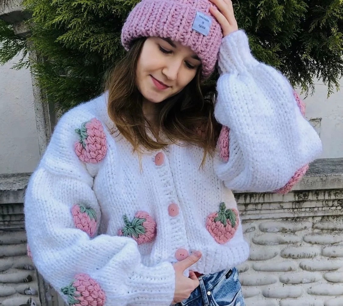Clacive  Autumn Holiday Floral Sweater Hollow Out Long Sleeve Coarse Yarn Cardigan Strawberry