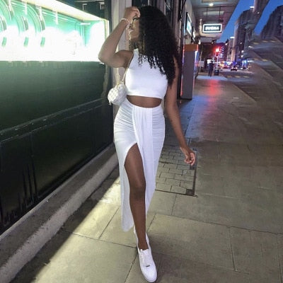 Fall outfits  White Casual Two Piece Set 2021 Top Pleated Long Skirt Split Autumn Women Set High Stretch 2 Piece Set Women Outfit