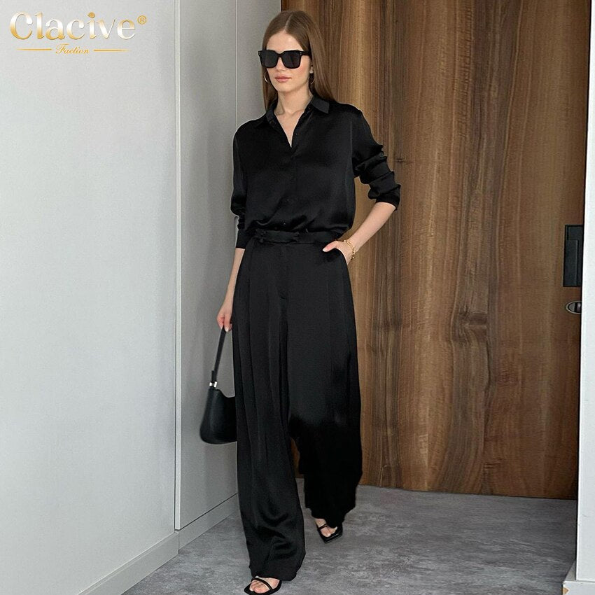 Clacive Fashion Black Wide Trouser Suits Casual Blouse Office Two Piece Set Women