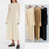 Clacive Spring And Summer Women Pleated Midi Dress Flared Sleeve Half Wrap Shoulder Ruffles Soft Long Dresses