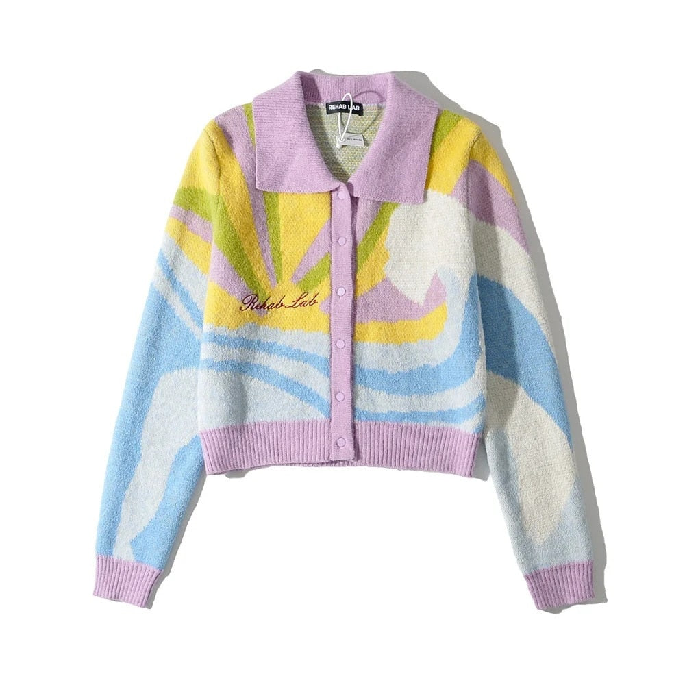 Clacive  Autumn Long Sleeve Sweater Colorful Vintage Turn-Down Collar Knitting Cardigan