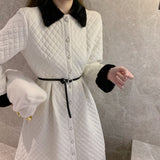 Clacive  Women Elegant Single-Breasted Thicken Cotton Dress  Autumn Winter Belted Female Patchwork A-Line Fashion Vestdios