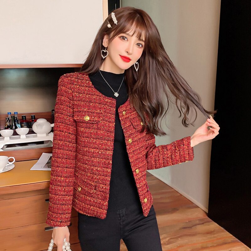 Clacive Autumn Spring Red Tweed Jacket Coat Women Vintage Korean Fashion Long Sleeve O Neck Woolen Coats Elegant Short Outerwear