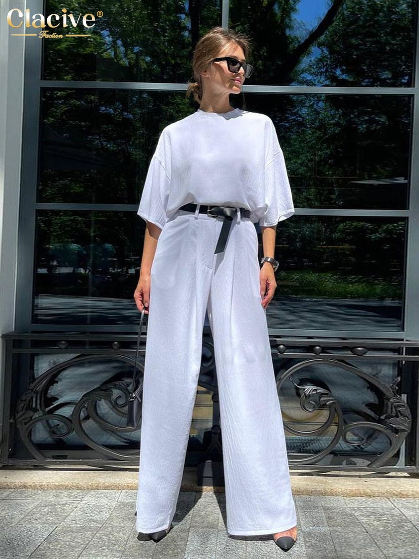 Clacive Fashion Short Sleeve T-shirt Two Piece Set Women Summer High Waist Office Pants Set Lady Casual White Wide Trouser Suits