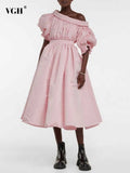 Clacive  Elegant Pink Midi Dress For Women Skew Collar Puff Short Sleeve High Waist Fold Pleated A Line Dresses Female  Clothing