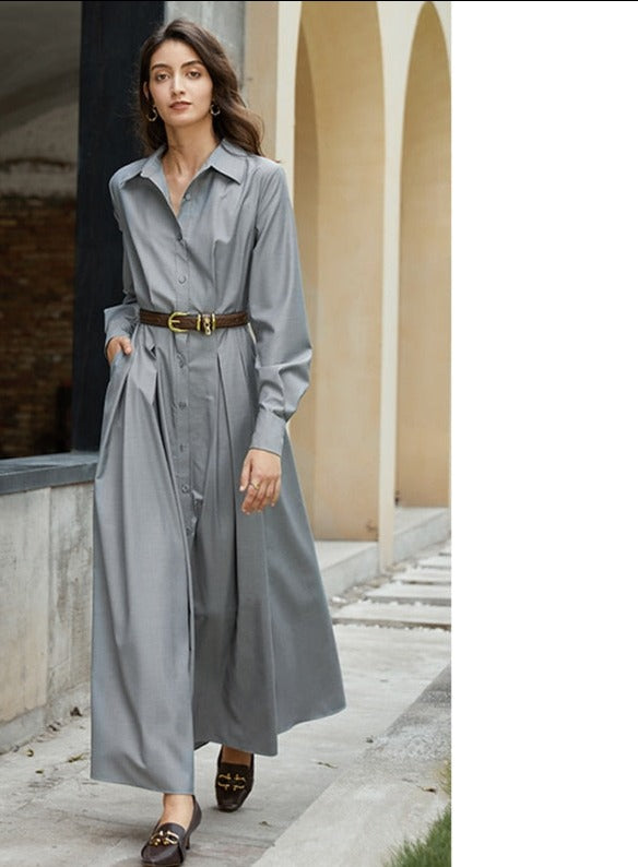 Autumn Women Long Sleeve Shirt Dress Button Loose Style Minimalism  Collection Long Blouses Dress Grey  New