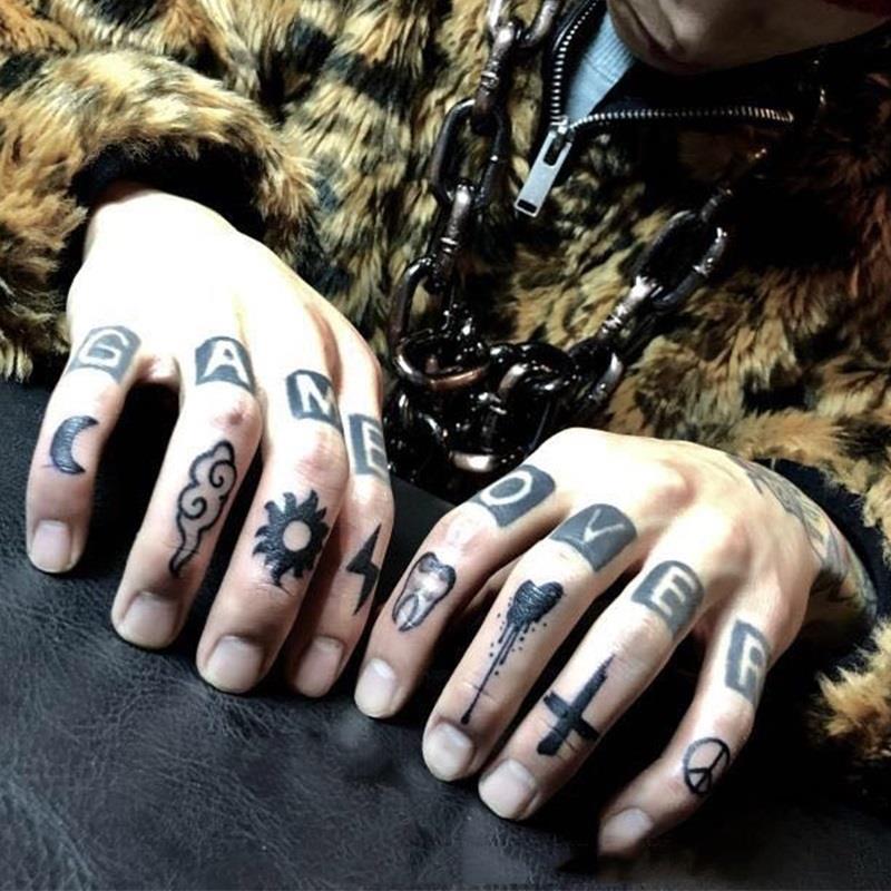 Clacive Finger Tattoo Stickers Letter Small Pattern Waterproof Personality Cool Fake Tattoos Men Black Hand Back Temporary Tattoo Women