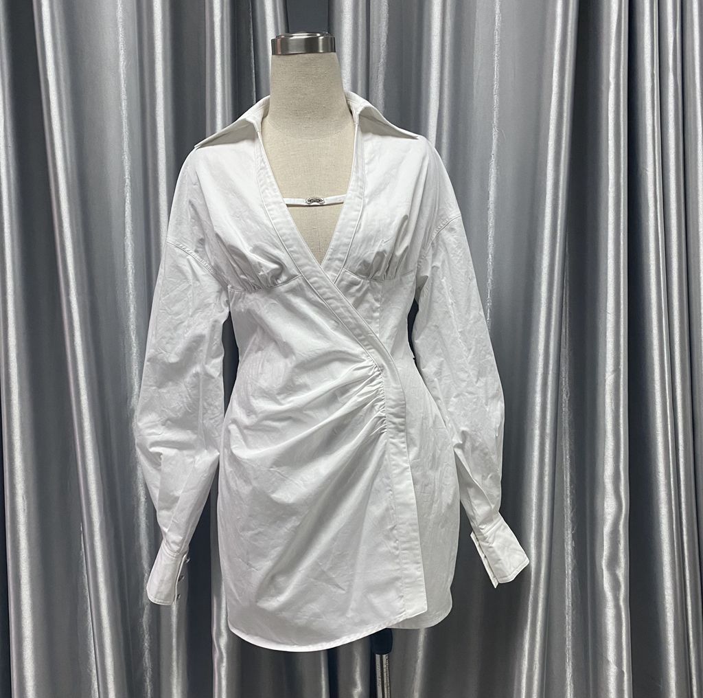 Clacive  Autumn Sexy Long Sleeve Asymmetric V-Neck White Blouse Backless Mini Dress