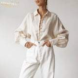Clacive White Lapel Linen Blouses Casual Loose Long Sleeve Office Women Shirts 2021 Vintage Single-Breasted Fashion Blouse Shirt