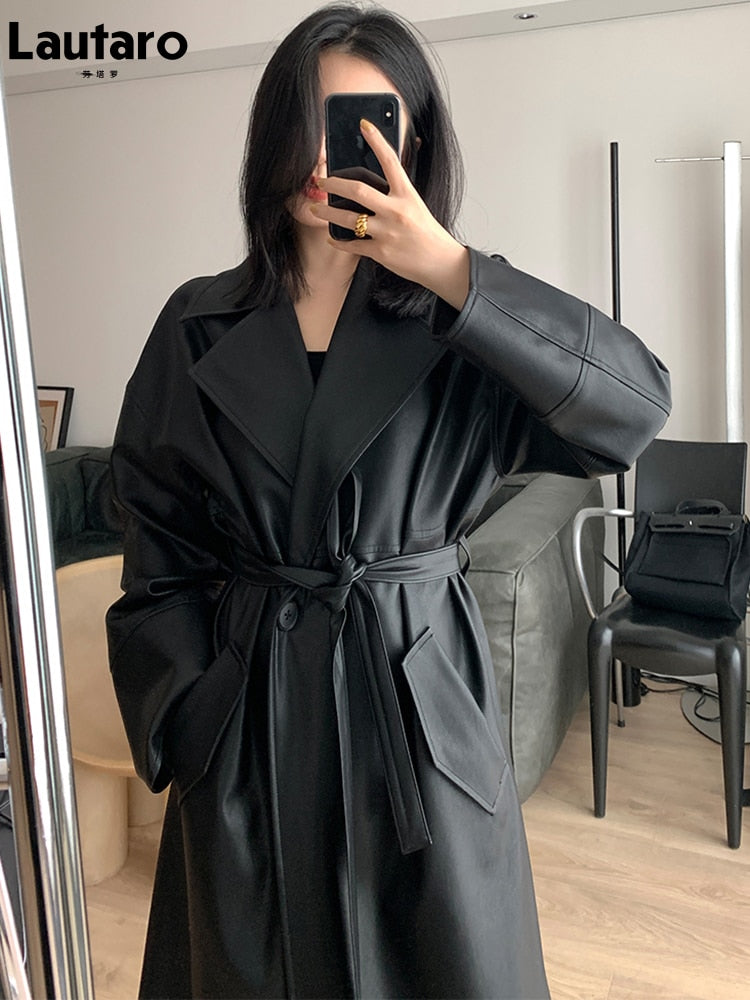 Clacive  Spring Autumn Long Oversized Black Leather Trench Coat For Women Sashes Single Button Loose Stylish Korean Fashion