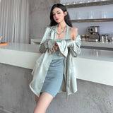 Clacive Plus Size Satin Blazers Women  Autumn New Loose Long Sleeve Suit Jacket Female Korean Office Ladies Button Shirts