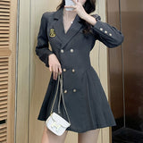 Clacive  Fashion Blazer Dress Women Long Sleeve Pleated Suit Dress Spring Autumn Office Lady Clothing Designer Mini Dress