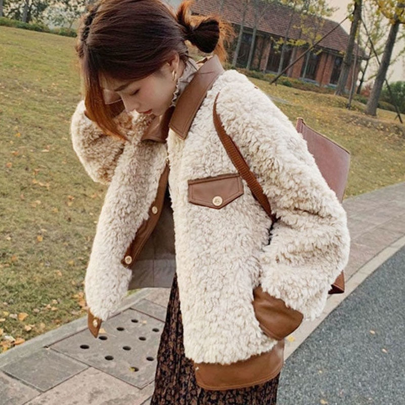 Clacive  Women Lamb Cashmere Coat  Winter Fashion PU Leather Patchwork Wool Jacket Short Turndown Collar Warm Plush Coats