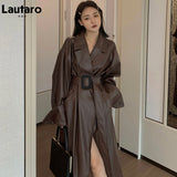 Clacive  Autumn Long Oversized Brown Faux Leather Trench Coat For Women Belt Runway Stylish Loose European Style Fashion