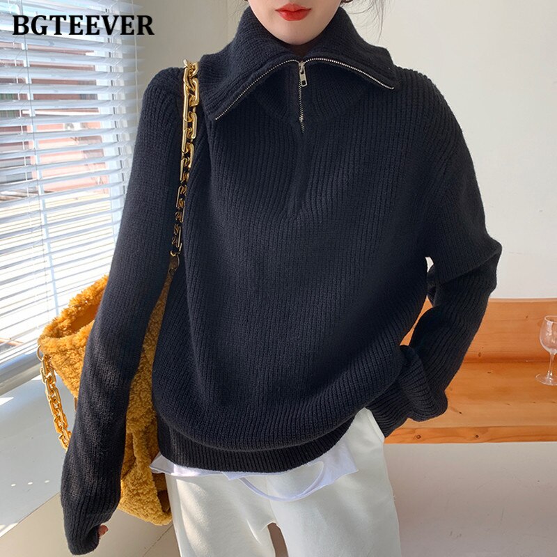 Fashion Thick Turtleneck Zipper Pullover Sweaters Women Loose Long Sleeve Female Solid Knitting Jumpers Autumn Winter
