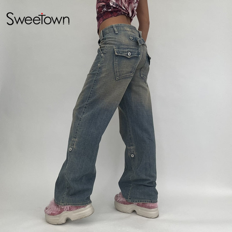Clacive  Baggy Mom Jeans Patchwork Pockets Streetwear Cargo Pants Woman High Waist Casual Loose Denim Trousers 90S Hippie Korean