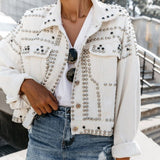 Clacive  Autumn Metal Button Rivet Denim Coat Fahsion Chic Turn-Down Collar Tops Outerwear Women Casual Long Sleve Jean Jacket Streetwear