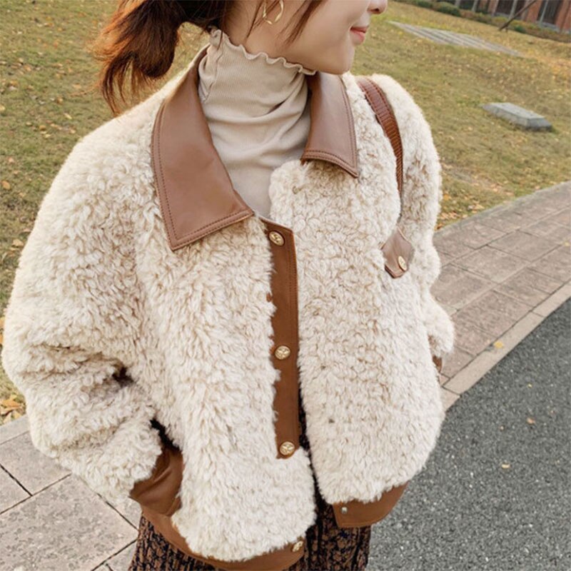 Clacive  Women Lamb Cashmere Coat  Winter Fashion PU Leather Patchwork Wool Jacket Short Turndown Collar Warm Plush Coats