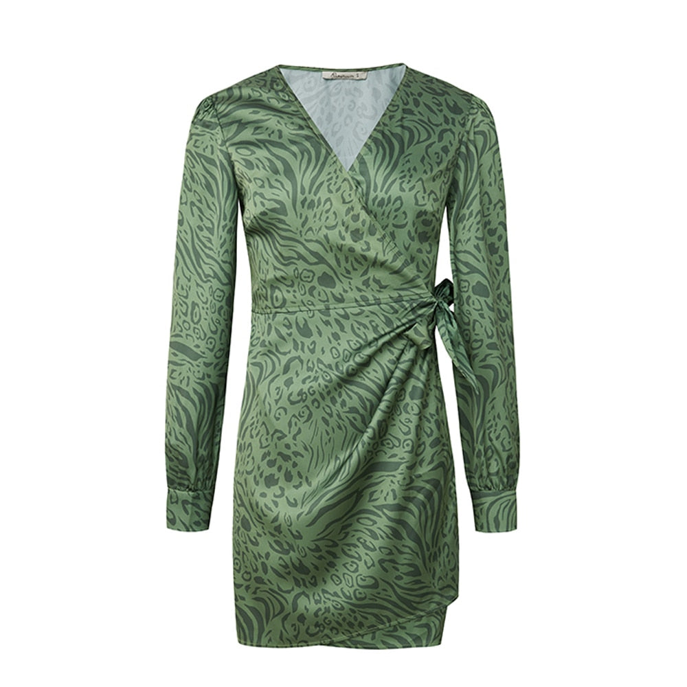 Green Satin Print Wrap Dress Women Summer Lace Up Minidress Sexy Small V-Neck Streetwear