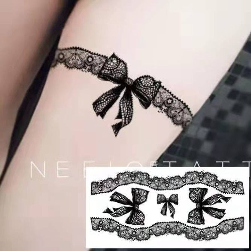 Clacive New Black Lace Bow Temporary Tattoo Sticker Waterproof Female Sexy Big Picture Leg Arm Body Art Fake Tattoo Ankle Fashion Tattoo