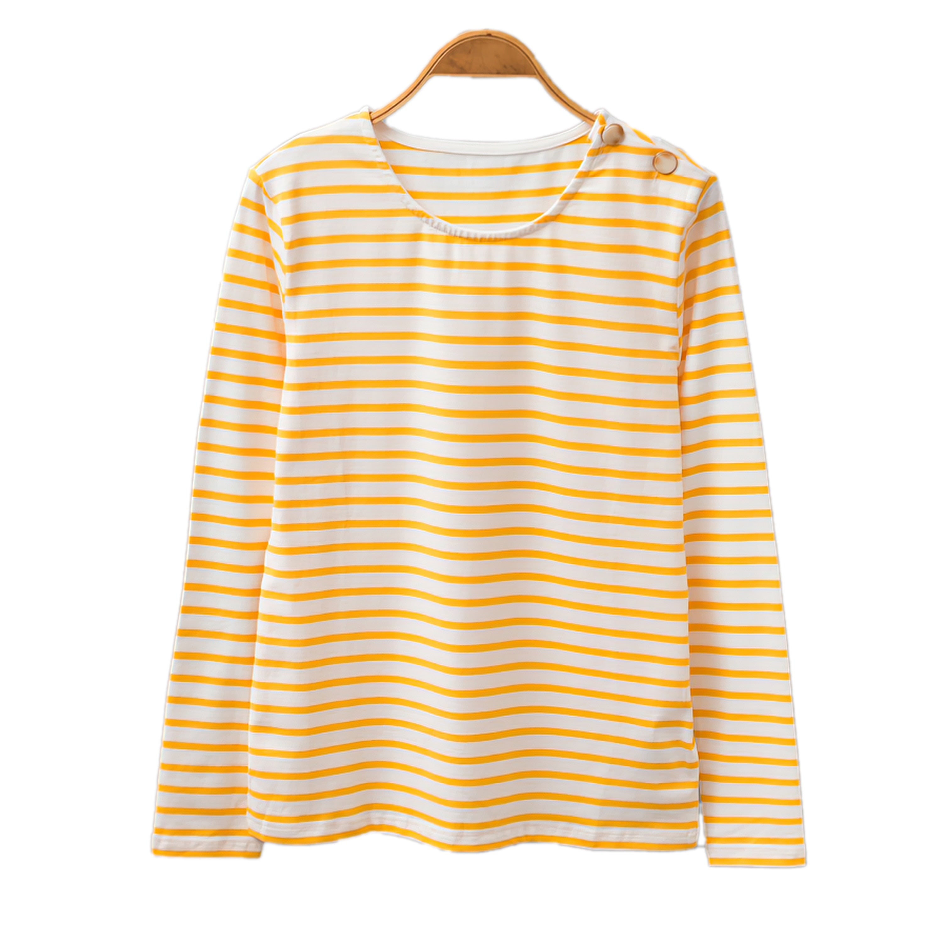 Clacive Classic Striped Women's T-Shirt  Autumn Niche Retro Sea Soul Shirt Round Neck Button Yellow Loose Long-Sleeved Tees