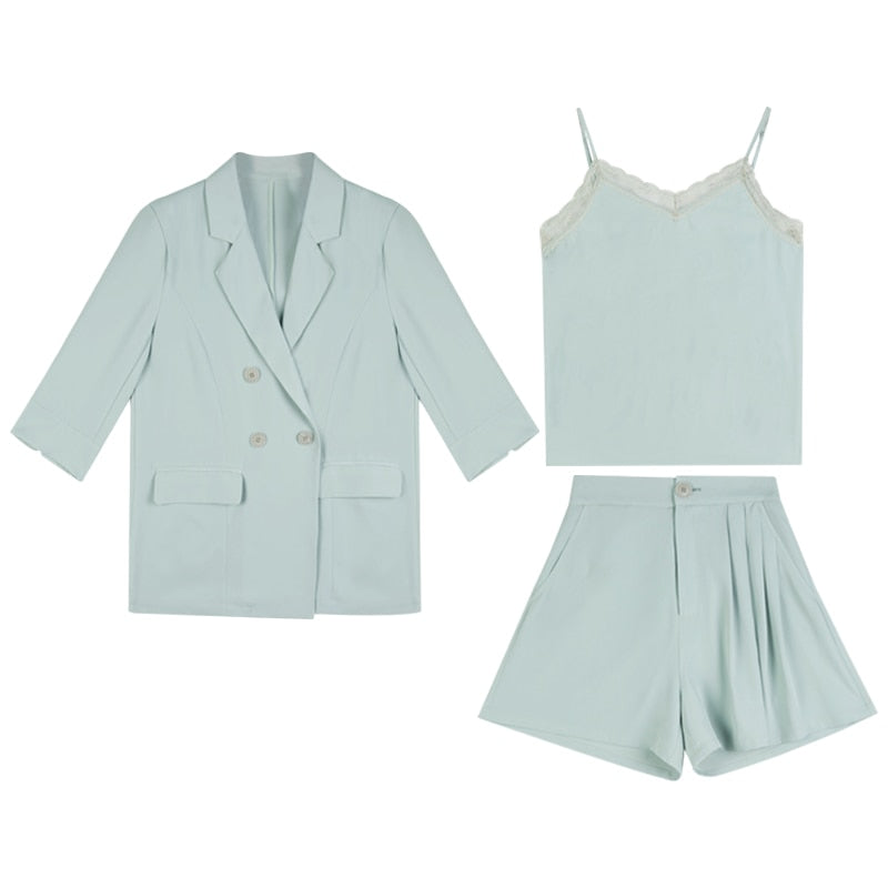 Elegant 3 Pieces Blazer Set Women Buttons Jacket & Sleeveless Camisole & A-Line Shorts  Summer Short Suits Female