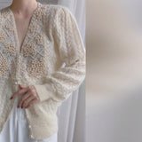 Clacive Chic Beaded Knit Cardigan Women V-Neck Elegant Fall Winter Knitwear Tops Soft Loose Female Coat Mohair Sweater Beautiful
