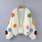 Clacive  Autumn Holiday Floral Sweater Hollow Out Long Sleeve Coarse Yarn Cardigan White
