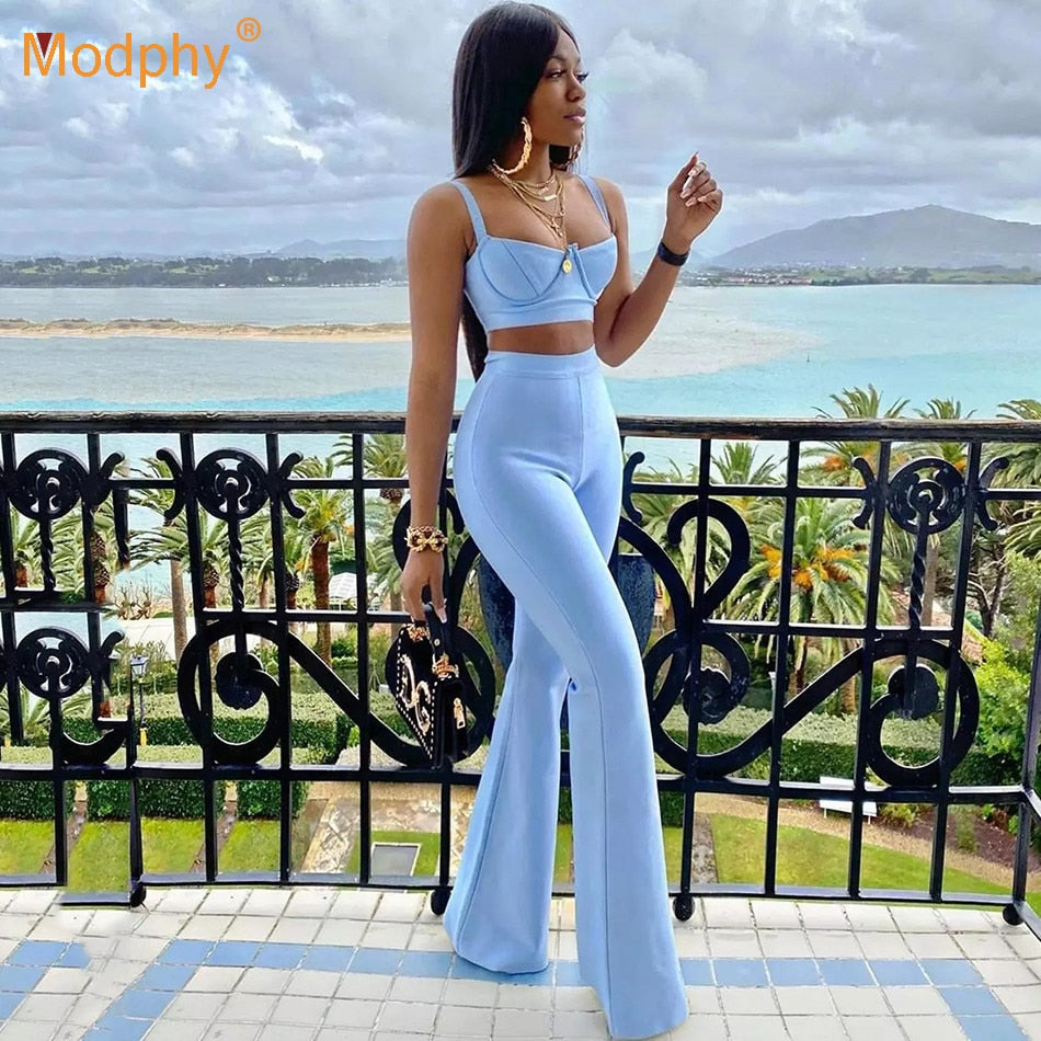 Clacive High Quality  Summer Women Rayon Bandage 2 Two-Piece Set Sexy Sleeveless Short Top And High Waist Flared Pants Bodycon Suit