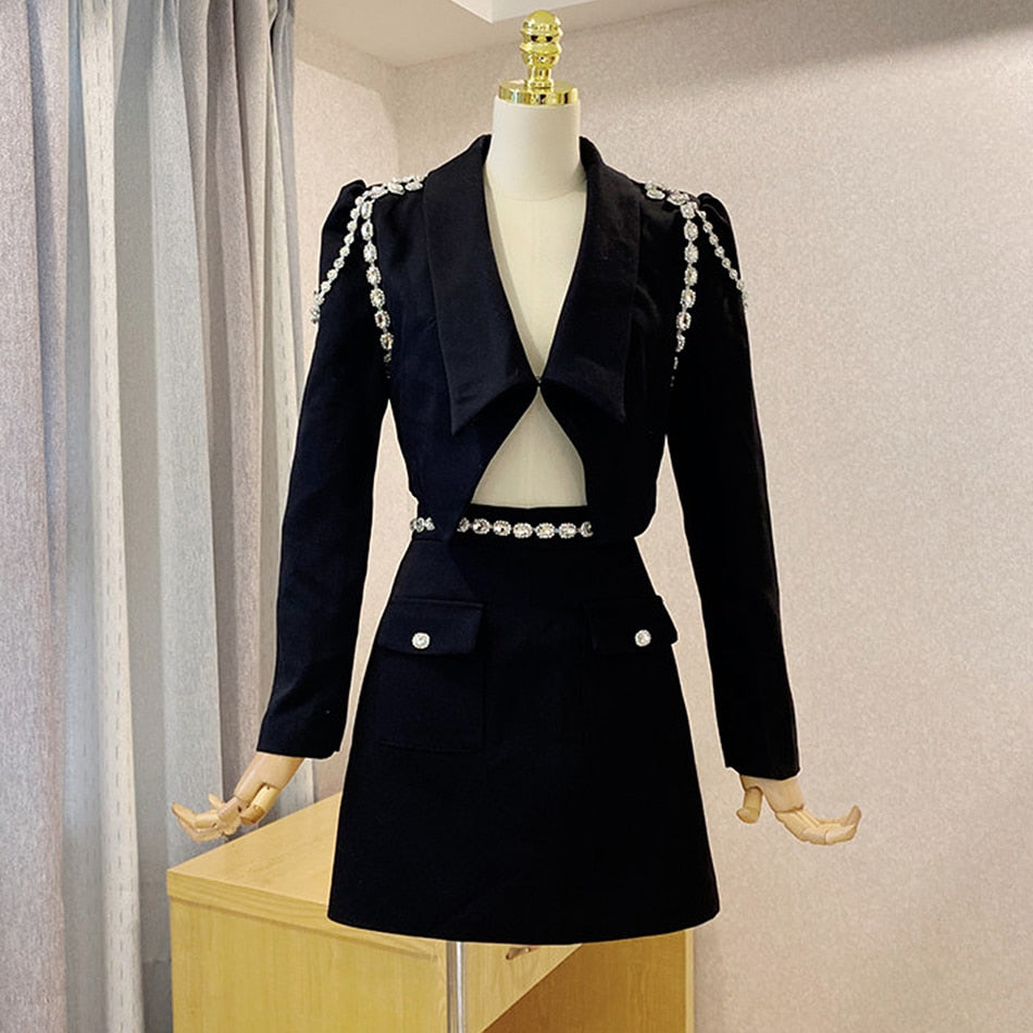 Clacive  Autumn Elegant Ol Women Two-Piece Set Diamond Chain Short Blazer Jacket + A-Line Mini Skirt Suit Fashion Party Office Sets