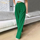 Clacive Autumn Green Casual Womens Trouser Suits Fashion Loose Pleated Office Ladies Pants Vintage High Waist Pants For Women
