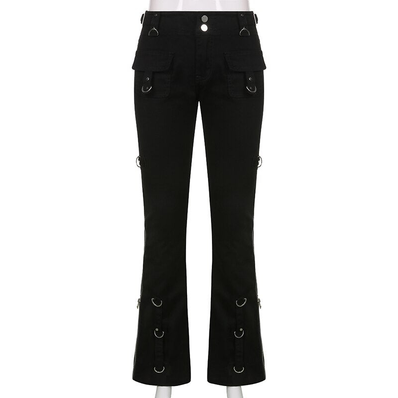 Clacive  Rivet Goth Black Jeans Dark Academic Girl Techwear Side Zipper Low Waist Straight Denim Trousers Women Streetwear