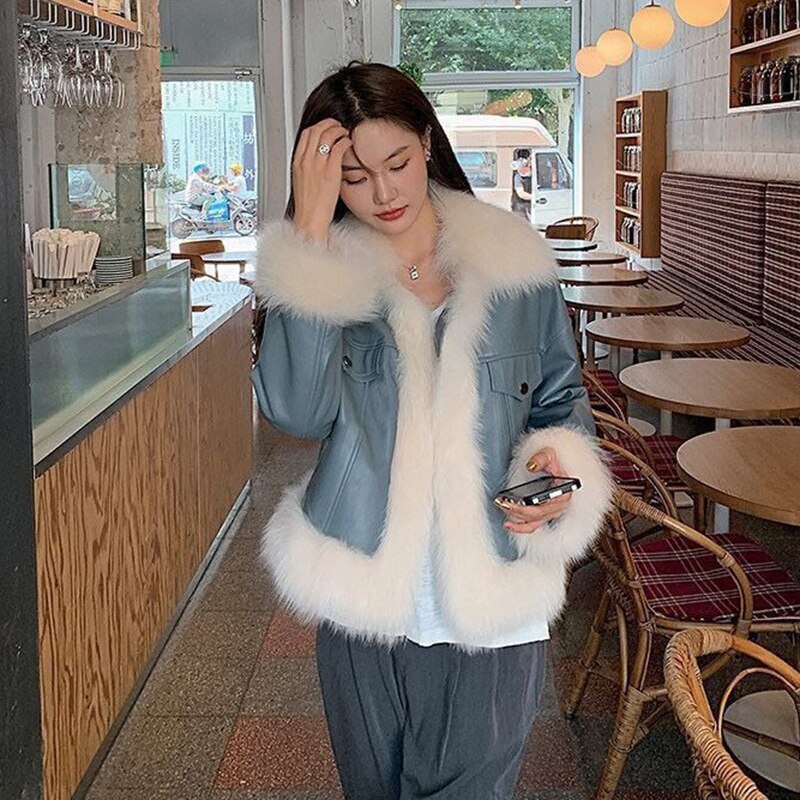 Clacive  Fashion PU Patchwork Fox Fur Jacket Female New Autumn Winter  Faux Fur Coat Women Korean Elegant Short Leather Jackets