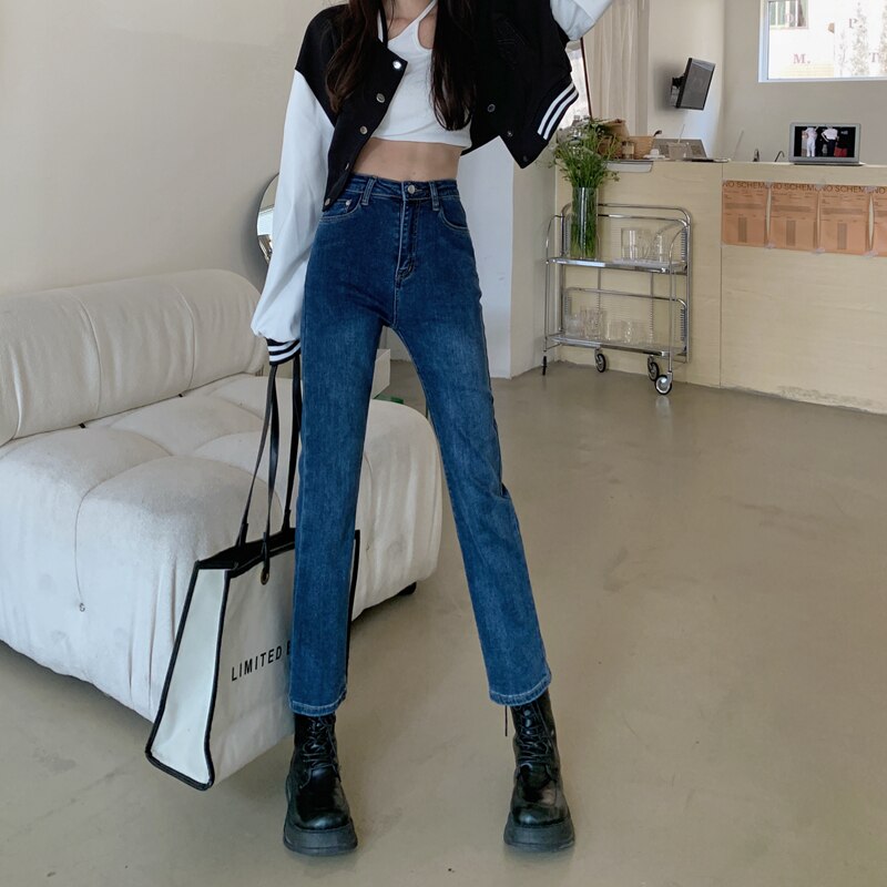 Clacive New Style Stretch Straight Black Jeans Women Korean Loose Cigarette Trousers High Waist Denim Pants Female