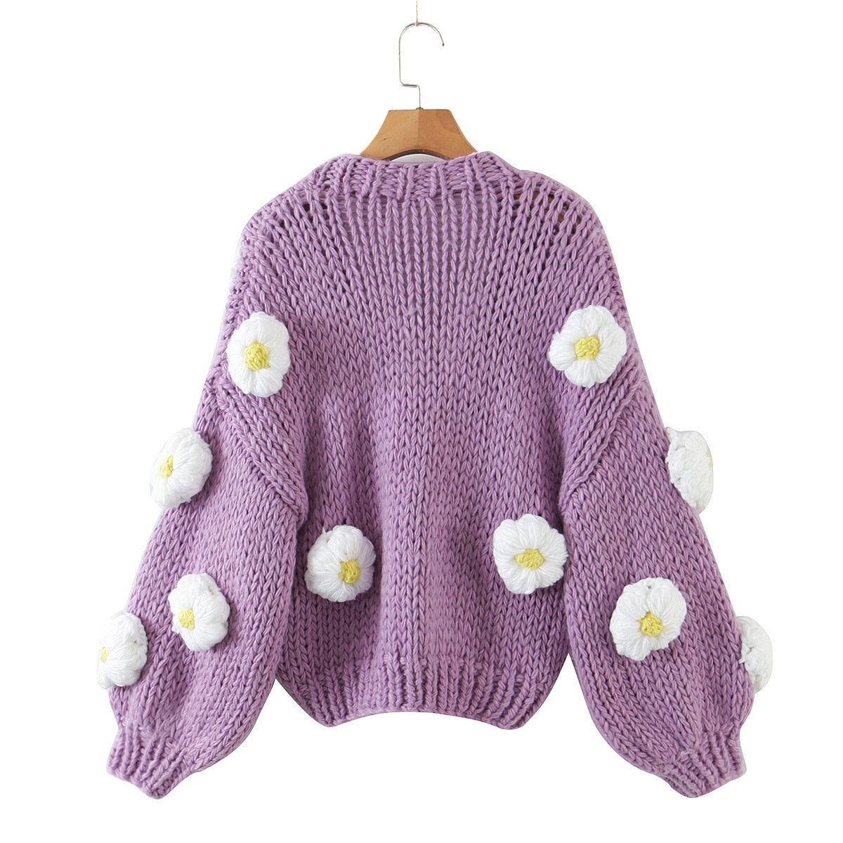 Clacive  Autumn Holiday Floral Sweater Hollow Out Long Sleeve Coarse Yarn Cardigan Violet