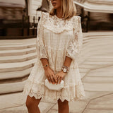 Clacive  Women Elegant Lace Embroidery Party Dress Fashion Vintage Ruffle 3/4 Sleeve Dresses Ladies Sexy O-Neck Solid Sheer-Mesh Dress