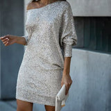Clacive  Sexy Dresses For Women V-Neck Slim Silver Sequins Long Sleeve Fashion Elegant Mini Party Dress Women's Clothing