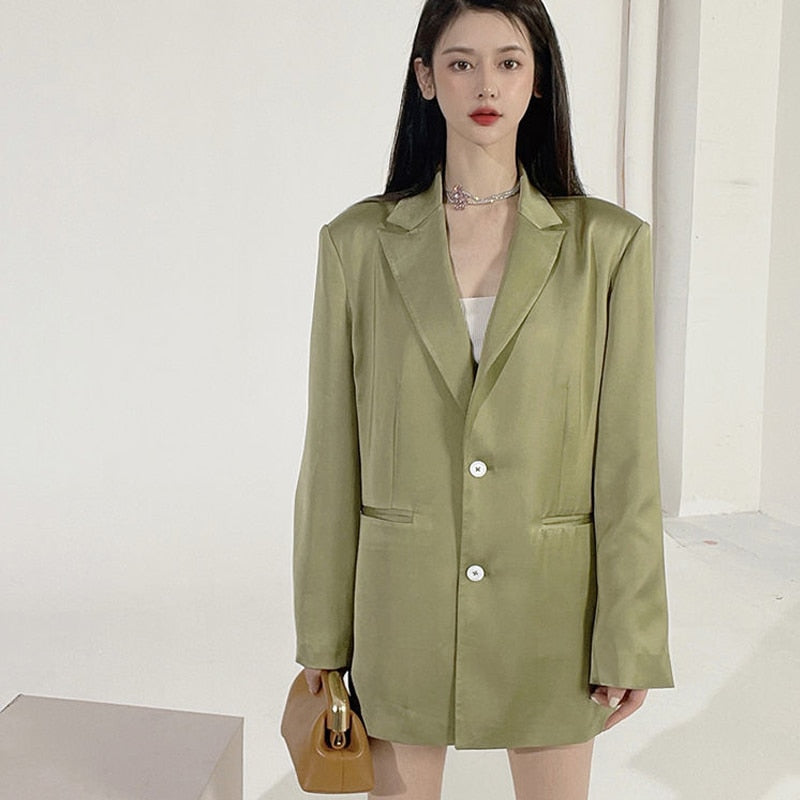 Clacive Autumn Green Acetate Glossy Blazers Women New Korean High Level Design Loose Suit Jacket Female