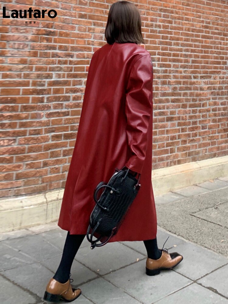 Clacive  Autumn Long Oversized Wine Red Leather Trench Coat For Women Long Sleeve Lapel Loose Casual Stylish Korean Fashion
