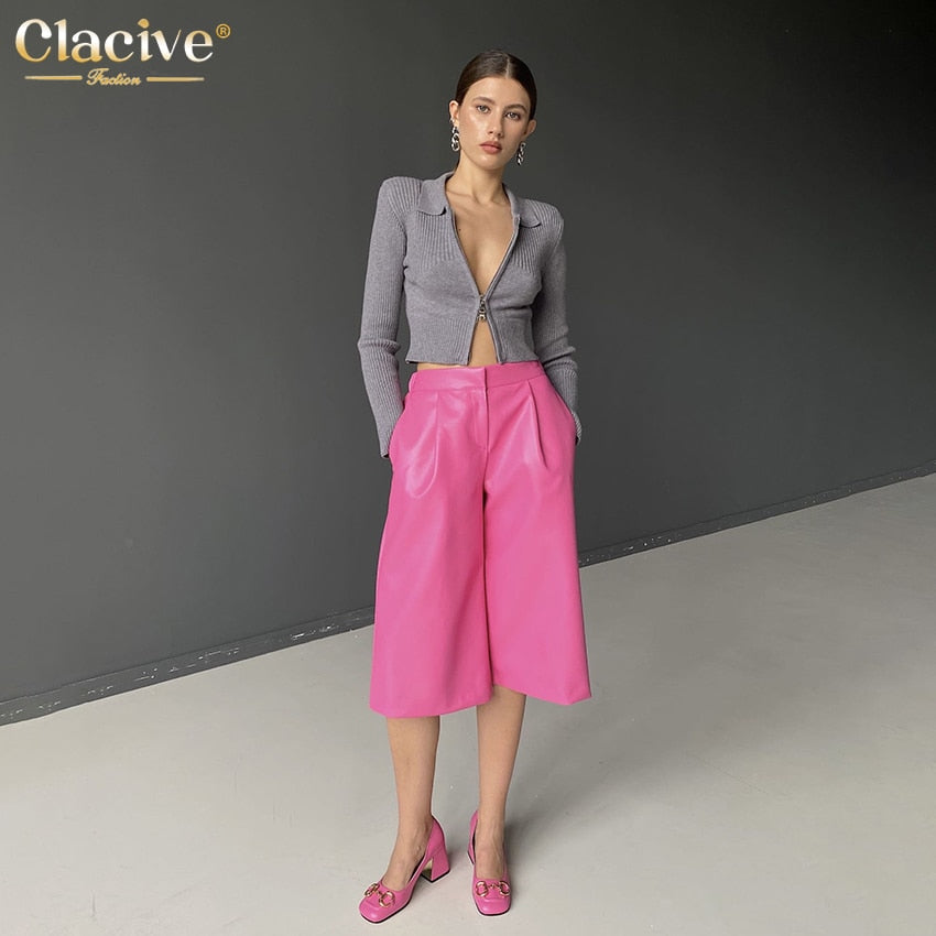 Clacive Summer Pink Pu Leather Women'S Shorts Elegant Loose High Waisted Ladies Shorts Fashion Solid Office Woman Clothing