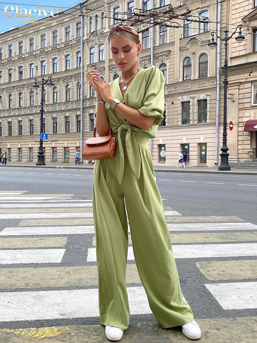 Clacive Summer Puff Sleeve Shirts Set Woman 2 Piece Casual High Waist Wide Trouser Suits Female Vintage Loose Green Pants Set