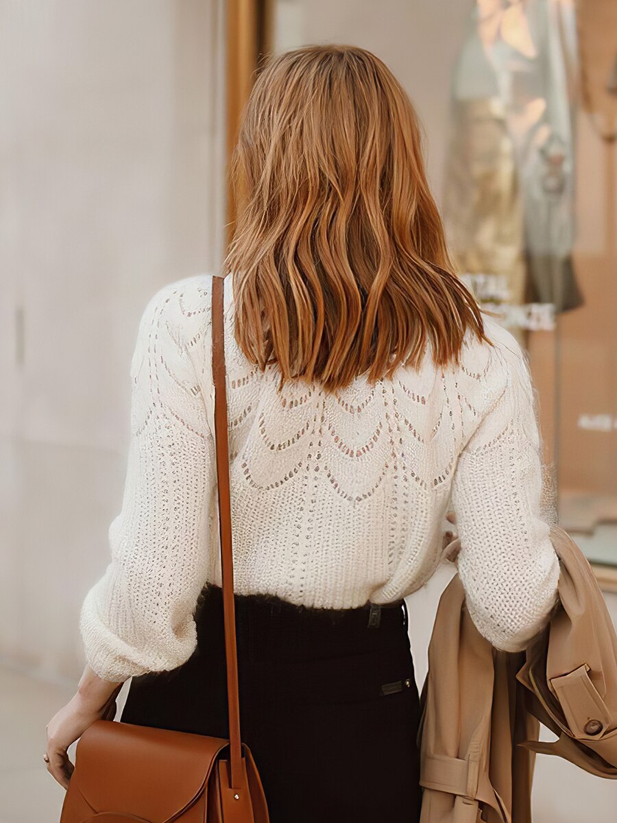Clacive Mohair Knitted Jumper Women Long Puff Sleeve Round Neck Elegant Chic Sweater Ladies Autumn Winter Vintage Pullover Tops