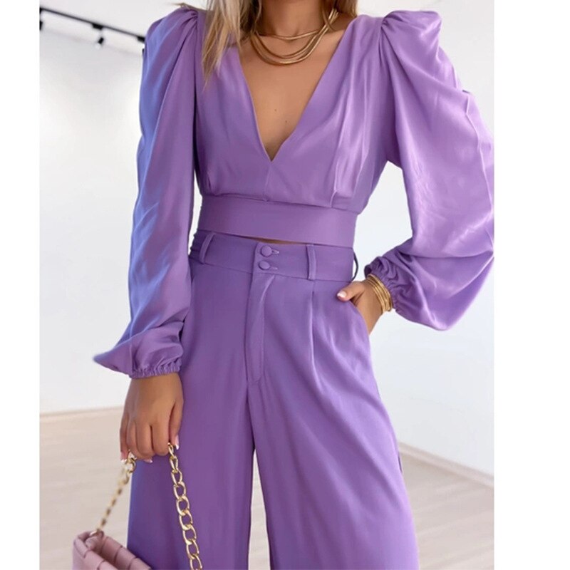 Fall outfits back to school 2023 Summer New Style Vneck Long Sleeve Shirt High Waist Wide Leg Pants Loose Fashion Casual Set Yellow Office Commuter Clothing