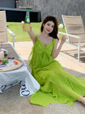 Clacive Summer New Sling Lady Ruffle Edge Dress Beach Women V-Neck Backless Long Dresses Chiffon Holiday Green 2-Piece Set Fairy Dress