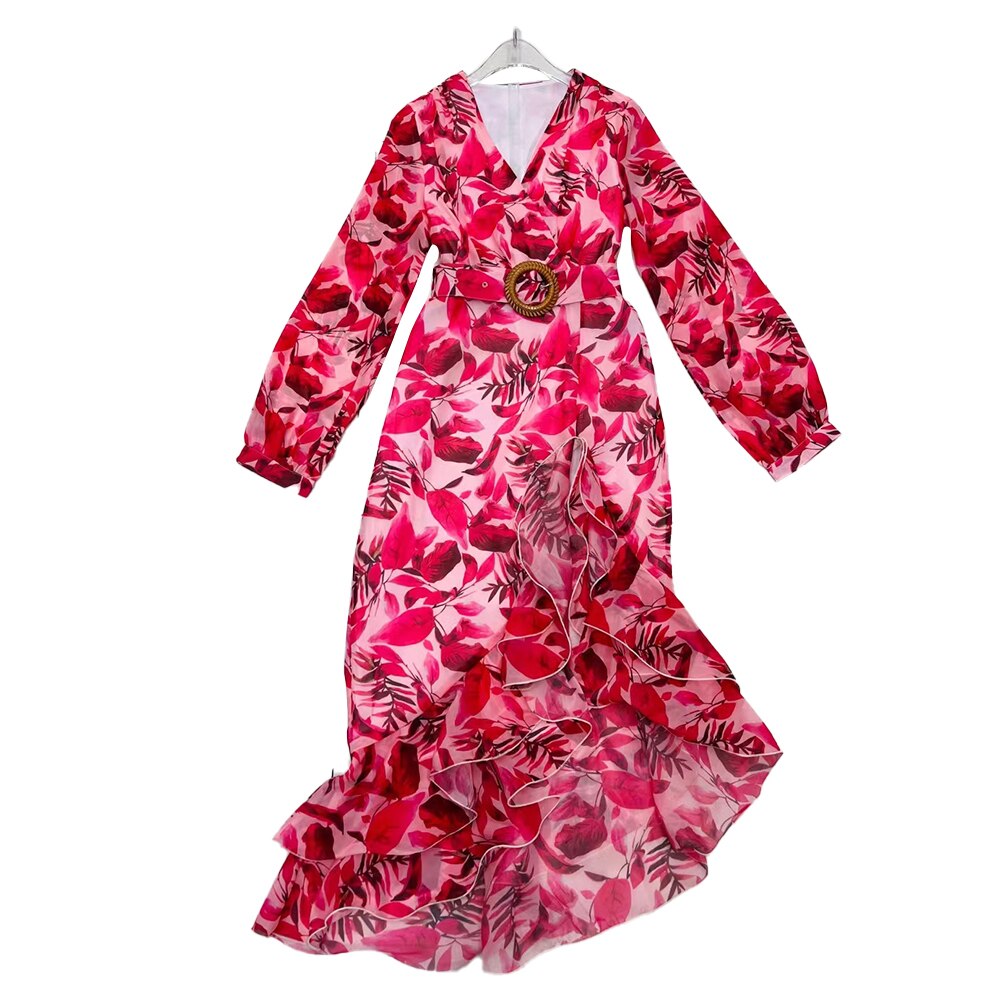Clacive  Vintage Print Loose Dress For Women V Neck Long Sleeve Split Side High Waist Asymmetrical Hem Dresses Female Spring  New